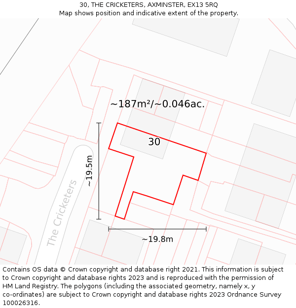 30, THE CRICKETERS, AXMINSTER, EX13 5RQ: Plot and title map