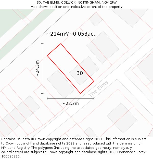 30, THE ELMS, COLWICK, NOTTINGHAM, NG4 2FW: Plot and title map