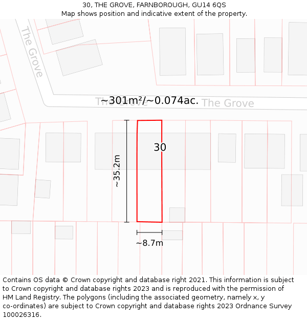 30, THE GROVE, FARNBOROUGH, GU14 6QS: Plot and title map