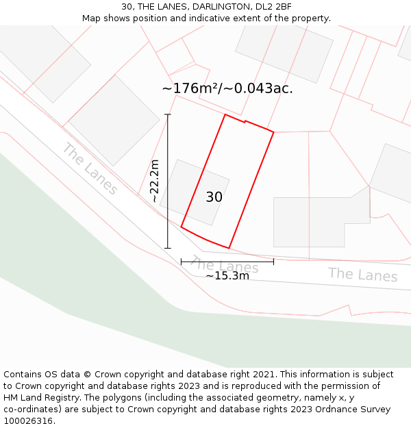 30, THE LANES, DARLINGTON, DL2 2BF: Plot and title map