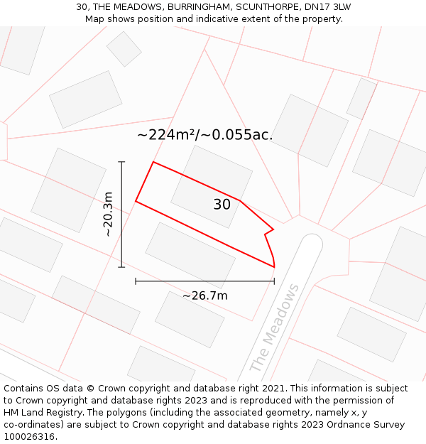 30, THE MEADOWS, BURRINGHAM, SCUNTHORPE, DN17 3LW: Plot and title map