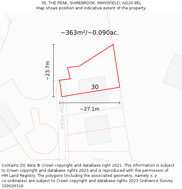 30, THE PEAK, SHIREBROOK, MANSFIELD, NG20 8EL: Plot and title map