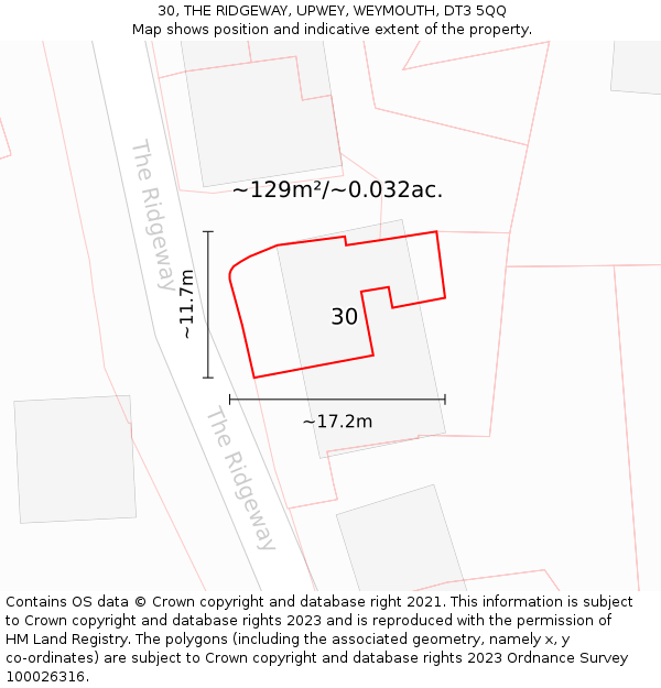 30, THE RIDGEWAY, UPWEY, WEYMOUTH, DT3 5QQ: Plot and title map