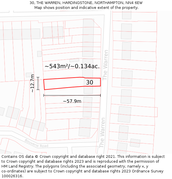 30, THE WARREN, HARDINGSTONE, NORTHAMPTON, NN4 6EW: Plot and title map