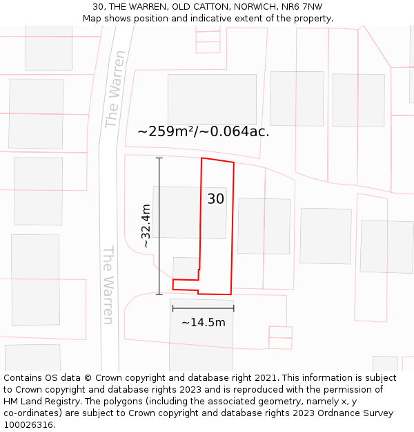 30, THE WARREN, OLD CATTON, NORWICH, NR6 7NW: Plot and title map