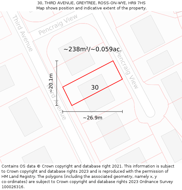 30, THIRD AVENUE, GREYTREE, ROSS-ON-WYE, HR9 7HS: Plot and title map