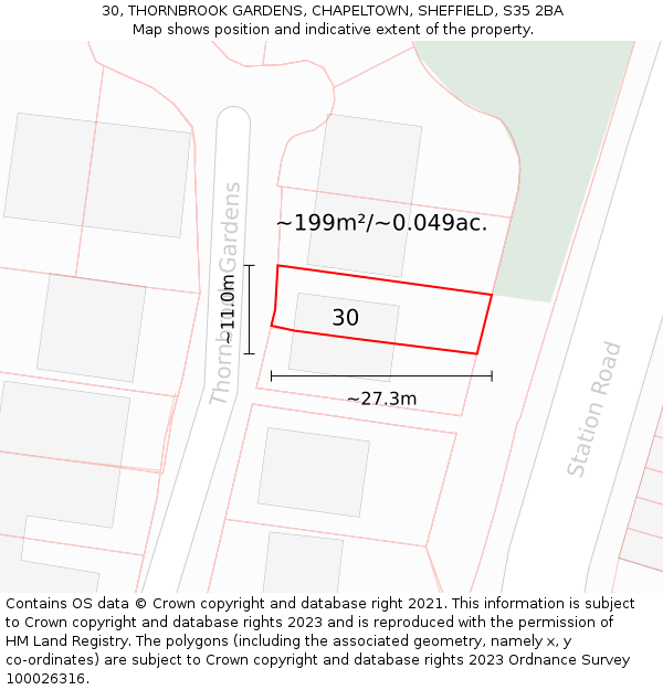 30, THORNBROOK GARDENS, CHAPELTOWN, SHEFFIELD, S35 2BA: Plot and title map