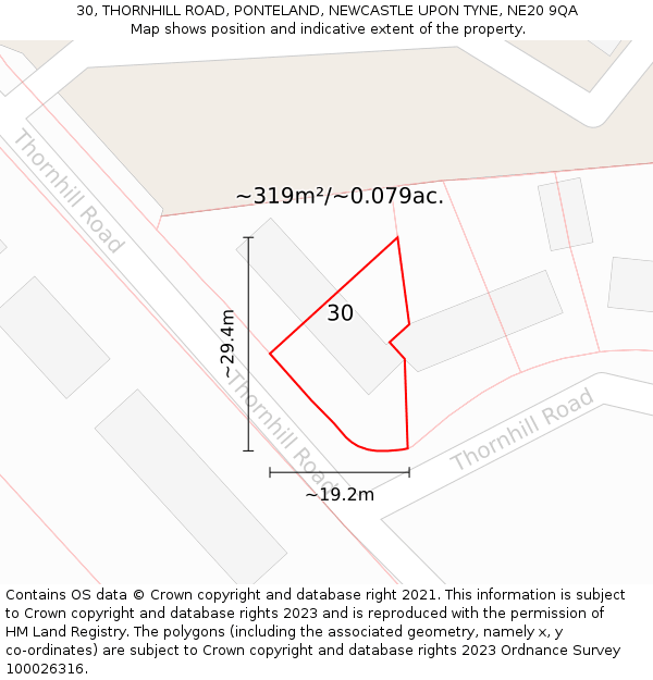 30, THORNHILL ROAD, PONTELAND, NEWCASTLE UPON TYNE, NE20 9QA: Plot and title map