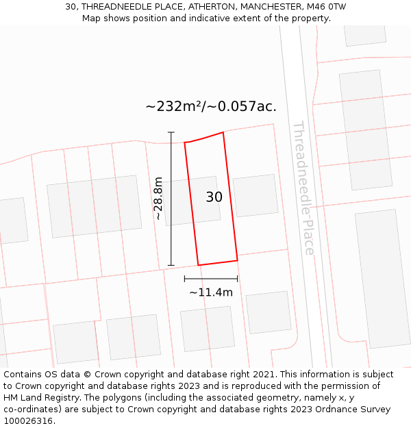30, THREADNEEDLE PLACE, ATHERTON, MANCHESTER, M46 0TW: Plot and title map