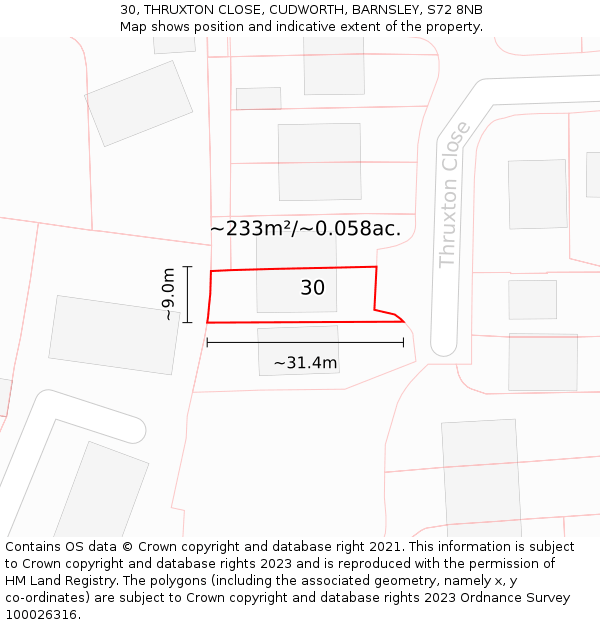 30, THRUXTON CLOSE, CUDWORTH, BARNSLEY, S72 8NB: Plot and title map