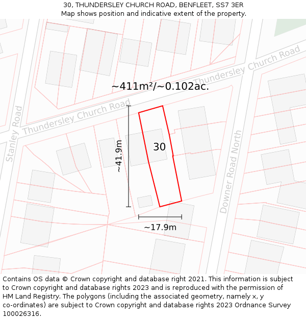 30, THUNDERSLEY CHURCH ROAD, BENFLEET, SS7 3ER: Plot and title map