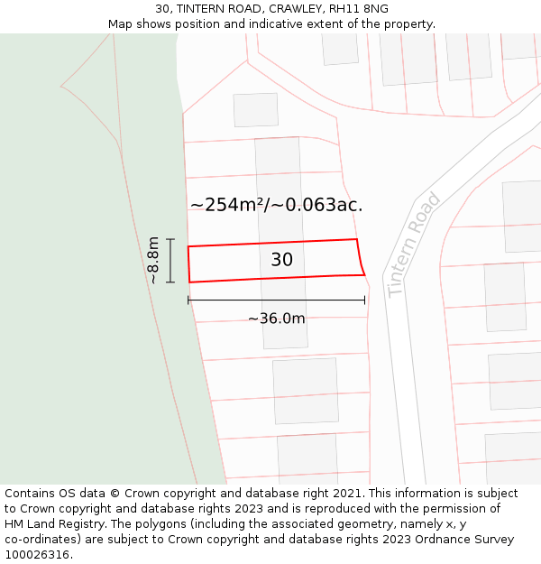 30, TINTERN ROAD, CRAWLEY, RH11 8NG: Plot and title map