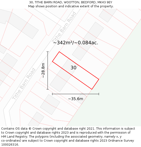 30, TITHE BARN ROAD, WOOTTON, BEDFORD, MK43 9EY: Plot and title map