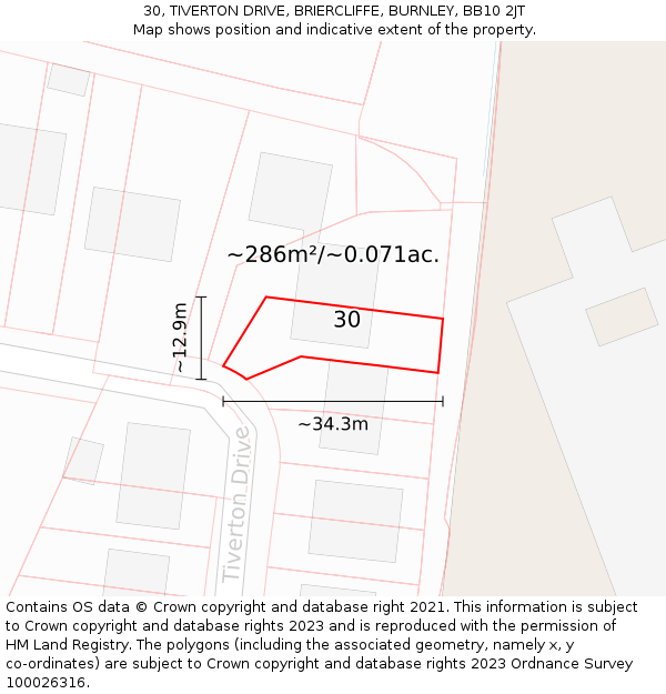30, TIVERTON DRIVE, BRIERCLIFFE, BURNLEY, BB10 2JT: Plot and title map
