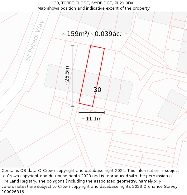 30, TORRE CLOSE, IVYBRIDGE, PL21 0BX: Plot and title map