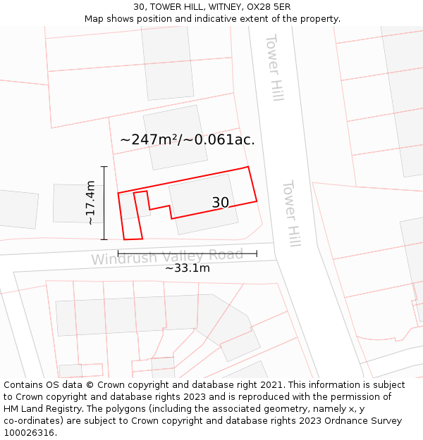 30, TOWER HILL, WITNEY, OX28 5ER: Plot and title map