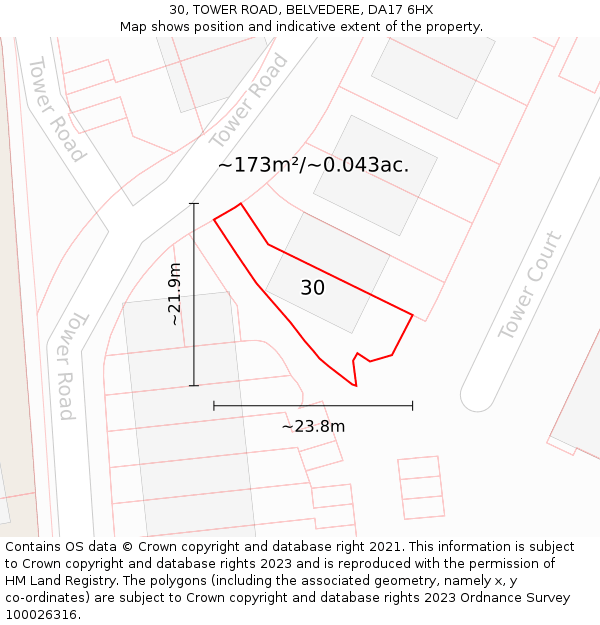 30, TOWER ROAD, BELVEDERE, DA17 6HX: Plot and title map