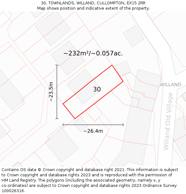 30, TOWNLANDS, WILLAND, CULLOMPTON, EX15 2RR: Plot and title map