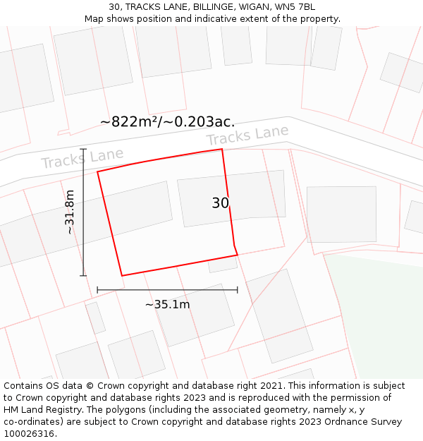 30, TRACKS LANE, BILLINGE, WIGAN, WN5 7BL: Plot and title map