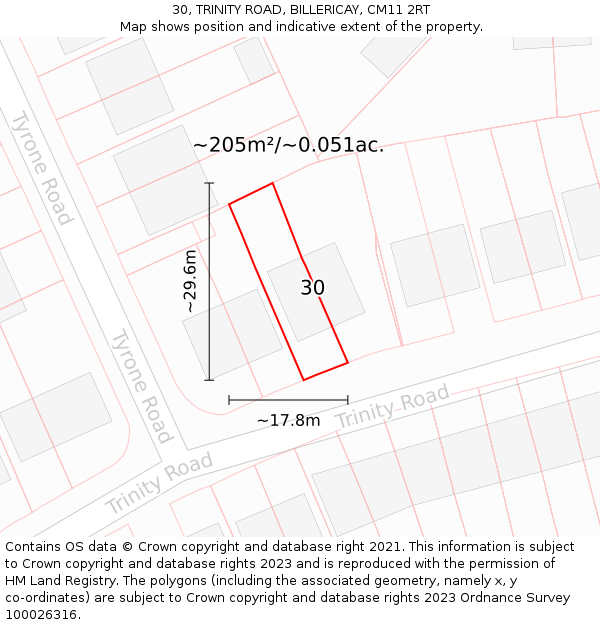 30, TRINITY ROAD, BILLERICAY, CM11 2RT: Plot and title map