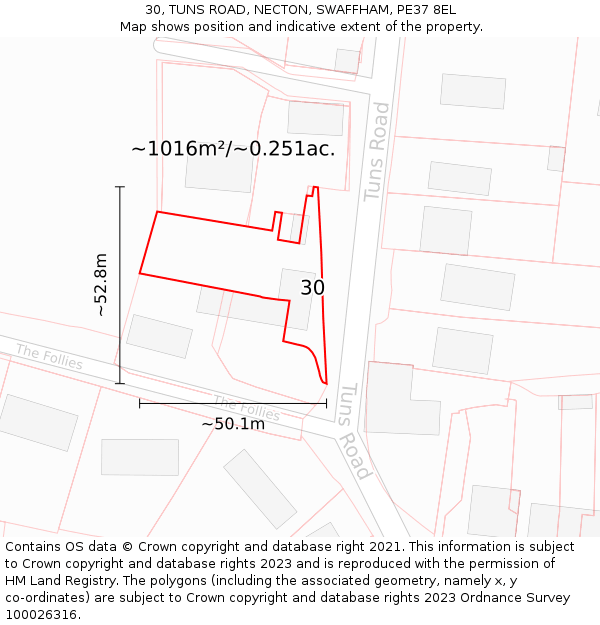 30, TUNS ROAD, NECTON, SWAFFHAM, PE37 8EL: Plot and title map