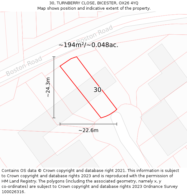 30, TURNBERRY CLOSE, BICESTER, OX26 4YQ: Plot and title map