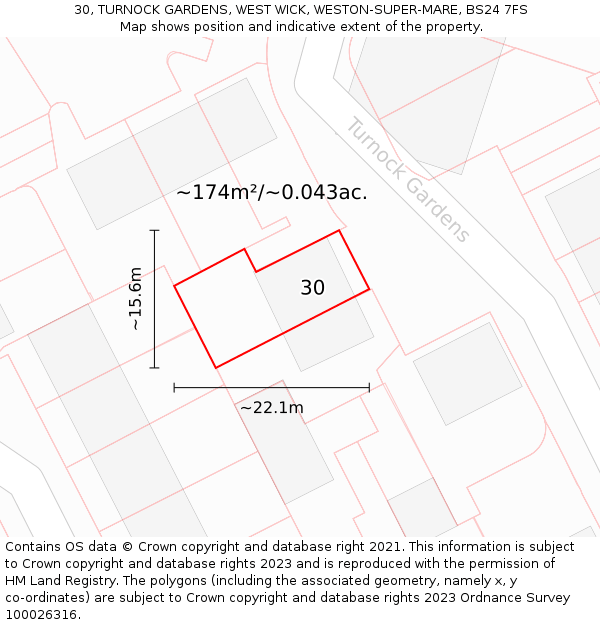 30, TURNOCK GARDENS, WEST WICK, WESTON-SUPER-MARE, BS24 7FS: Plot and title map