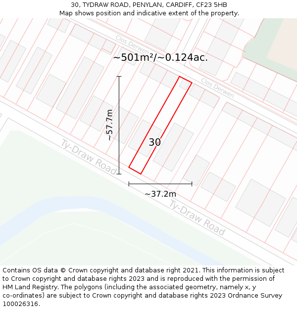 30, TYDRAW ROAD, PENYLAN, CARDIFF, CF23 5HB: Plot and title map