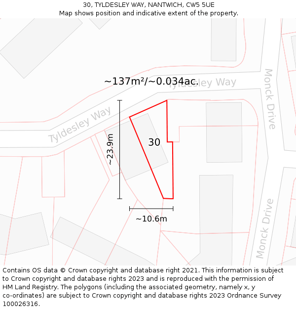30, TYLDESLEY WAY, NANTWICH, CW5 5UE: Plot and title map