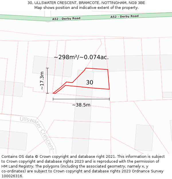 30, ULLSWATER CRESCENT, BRAMCOTE, NOTTINGHAM, NG9 3BE: Plot and title map