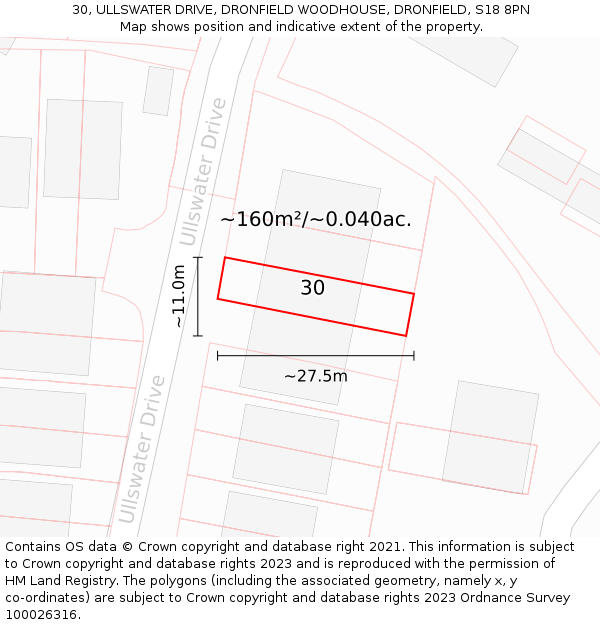 30, ULLSWATER DRIVE, DRONFIELD WOODHOUSE, DRONFIELD, S18 8PN: Plot and title map