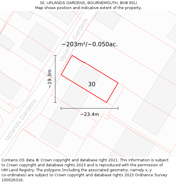 30, UPLANDS GARDENS, BOURNEMOUTH, BH8 9SU: Plot and title map