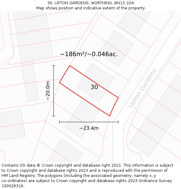 30, UPTON GARDENS, WORTHING, BN13 1DA: Plot and title map