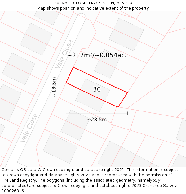 30, VALE CLOSE, HARPENDEN, AL5 3LX: Plot and title map