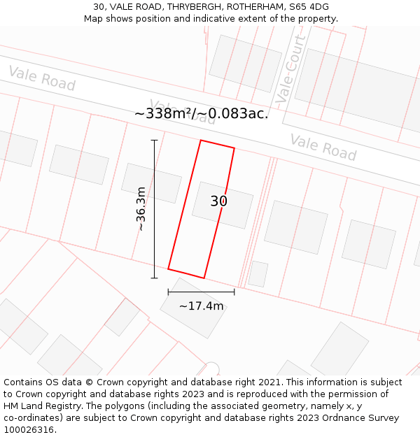30, VALE ROAD, THRYBERGH, ROTHERHAM, S65 4DG: Plot and title map