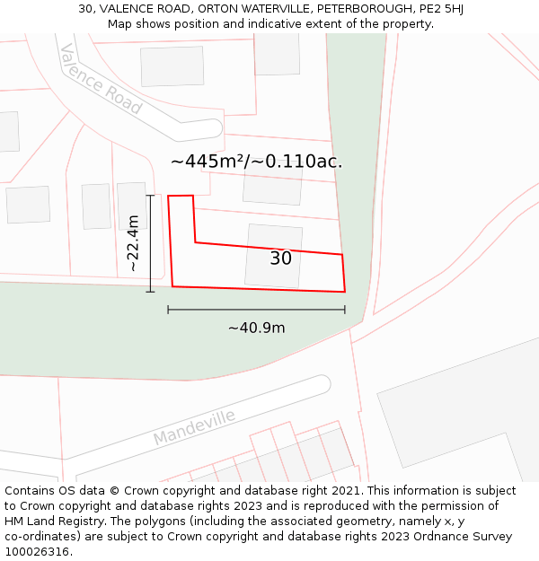 30, VALENCE ROAD, ORTON WATERVILLE, PETERBOROUGH, PE2 5HJ: Plot and title map