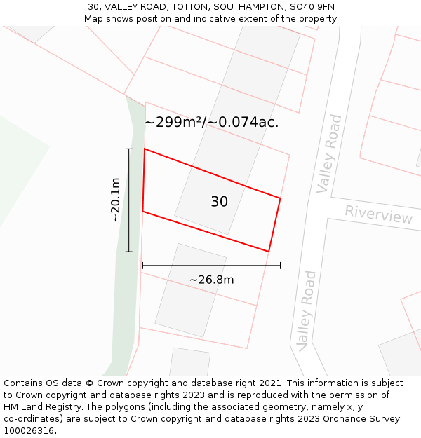 30, VALLEY ROAD, TOTTON, SOUTHAMPTON, SO40 9FN: Plot and title map