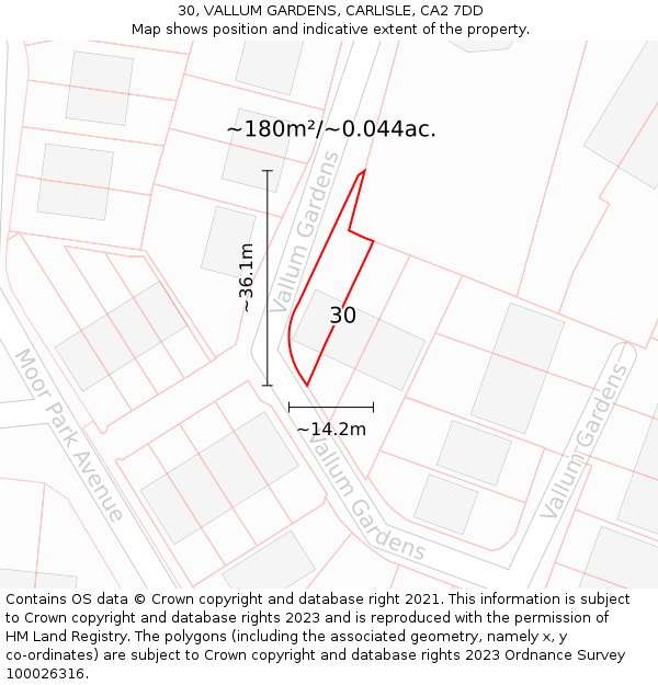 30, VALLUM GARDENS, CARLISLE, CA2 7DD: Plot and title map
