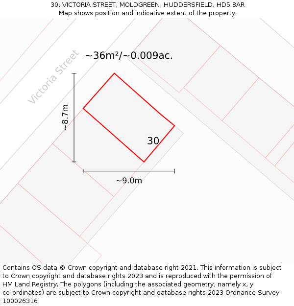 30, VICTORIA STREET, MOLDGREEN, HUDDERSFIELD, HD5 8AR: Plot and title map