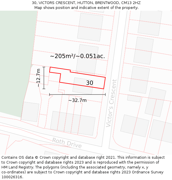 30, VICTORS CRESCENT, HUTTON, BRENTWOOD, CM13 2HZ: Plot and title map