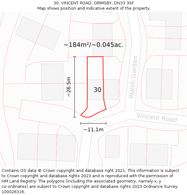 30, VINCENT ROAD, GRIMSBY, DN33 3SF: Plot and title map