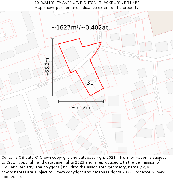 30, WALMSLEY AVENUE, RISHTON, BLACKBURN, BB1 4RE: Plot and title map