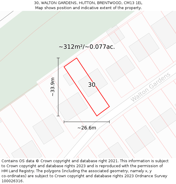 30, WALTON GARDENS, HUTTON, BRENTWOOD, CM13 1EL: Plot and title map