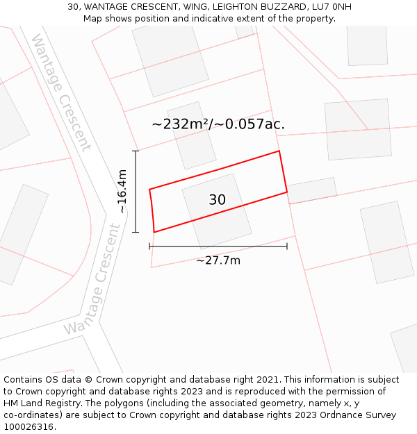 30, WANTAGE CRESCENT, WING, LEIGHTON BUZZARD, LU7 0NH: Plot and title map
