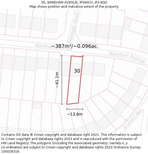 30, WAREHAM AVENUE, IPSWICH, IP3 8QD: Plot and title map