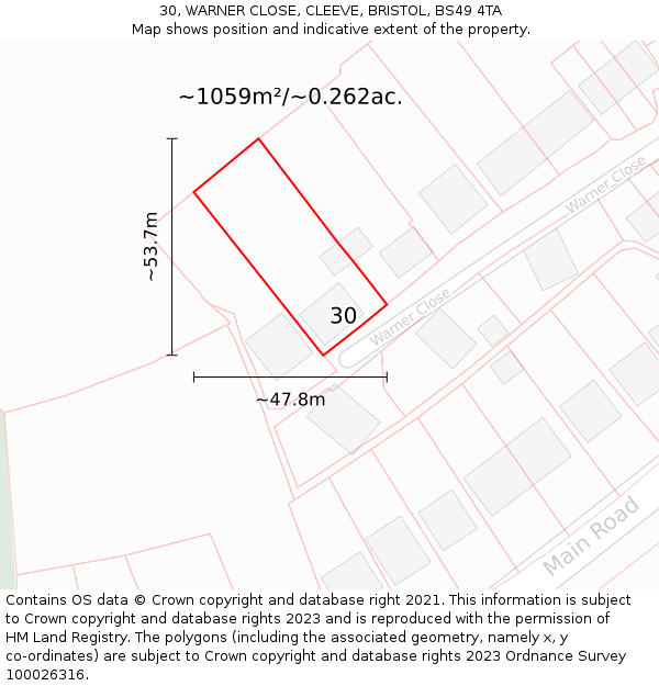 30, WARNER CLOSE, CLEEVE, BRISTOL, BS49 4TA: Plot and title map