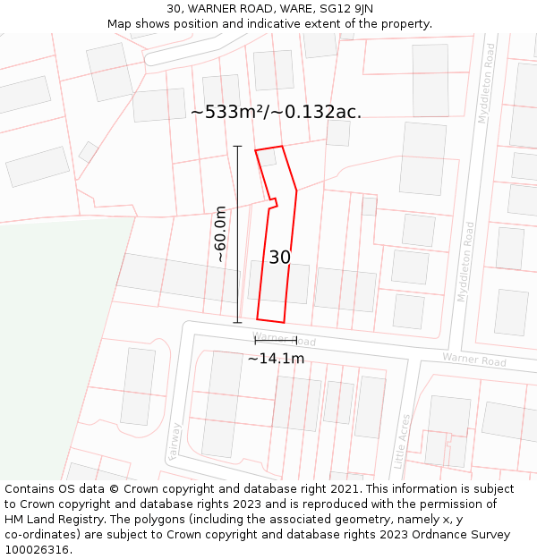 30, WARNER ROAD, WARE, SG12 9JN: Plot and title map