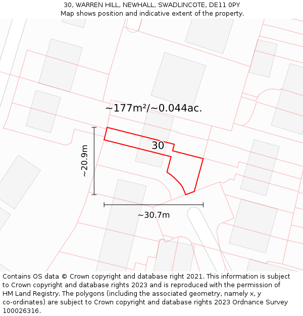 30, WARREN HILL, NEWHALL, SWADLINCOTE, DE11 0PY: Plot and title map