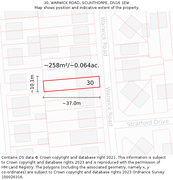 30, WARWICK ROAD, SCUNTHORPE, DN16 1EW: Plot and title map