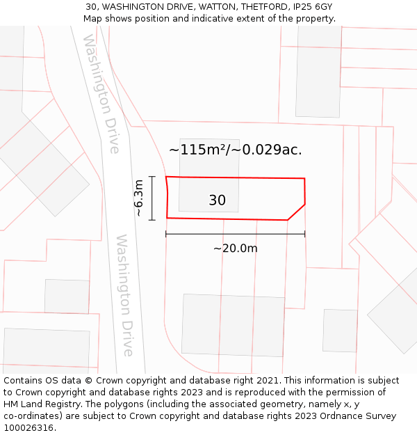 30, WASHINGTON DRIVE, WATTON, THETFORD, IP25 6GY: Plot and title map